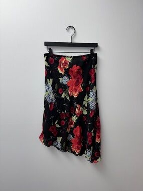 Floral Satin Midi Skirt - Black with Red Rose Print